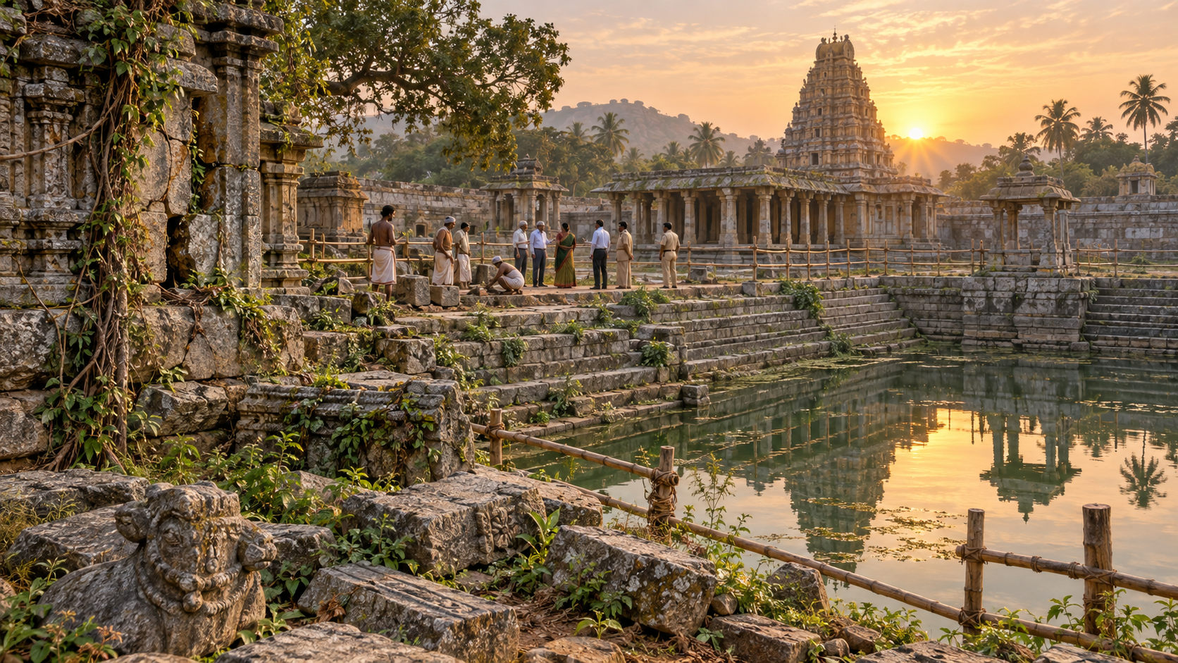 Residents, craftspeople, and officials inspect weathered stonework beside a South Indian temple tank and shrine at sunrise.