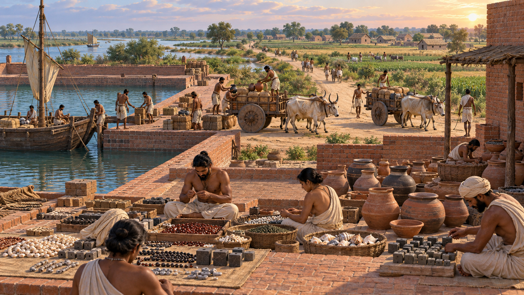 Harappan artisans prepare beads, pottery and weighed goods as porters load bullock carts beside Lothal's waterfront and inland route.