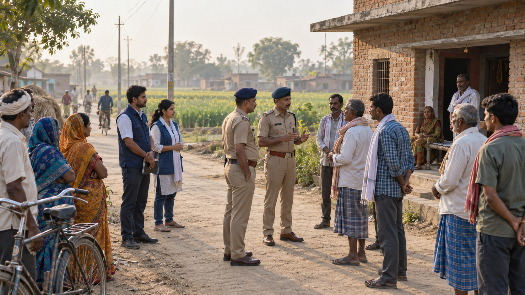 Police officers calmly speak with villagers and community volunteers on a rural lane near the Bihar-Uttar Pradesh border.