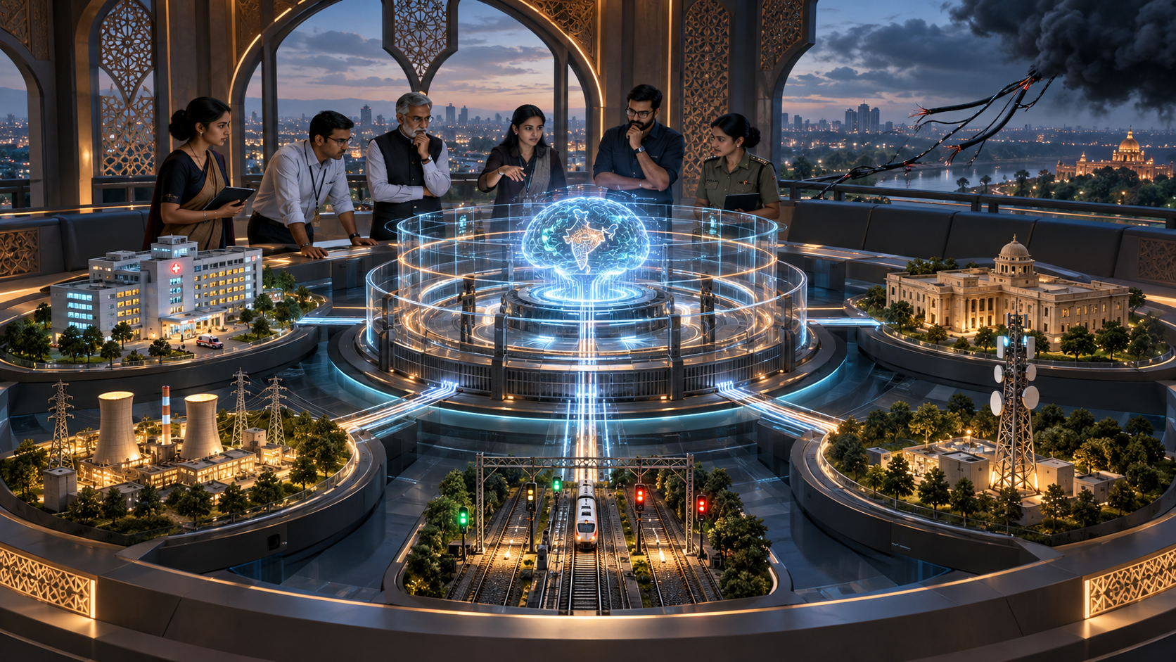 Indian cybersecurity professionals oversee a protected AI core connected to a hospital, power grid, railway, telecom tower and records archive while external cables remain disconnected.
