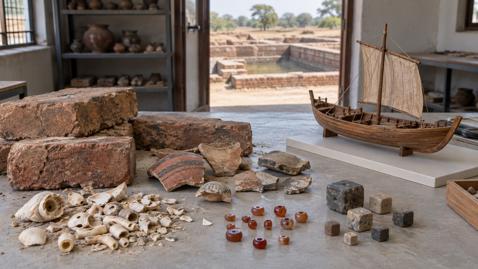 Archaeological materials from a Harappan trade setting are arranged beside an interpretive wooden boat model, with Lothal's brick remains visible beyond.