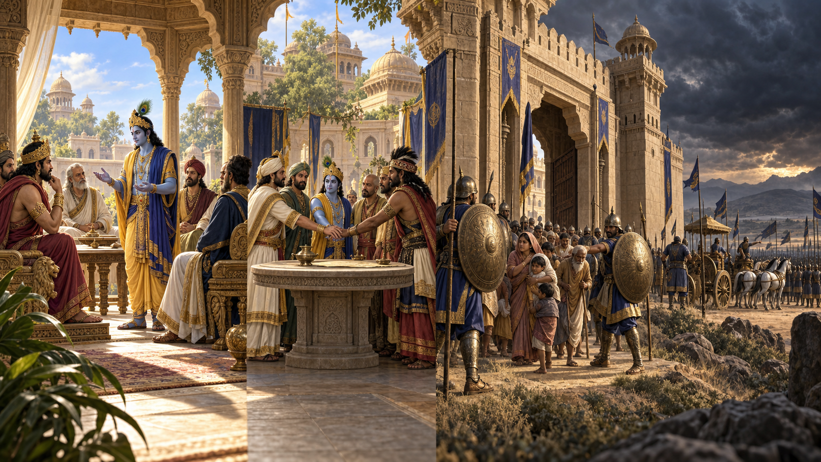 A panoramic scene progresses from negotiation and alliance-building to civilian protection and, at the far edge, soldiers preparing for defensive battle.