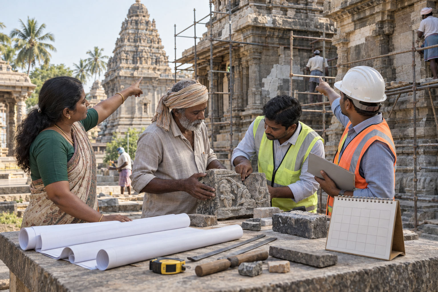 A local resident, stone craftsperson, and civic workers examine masonry and blank plans beside an aging temple structure.
