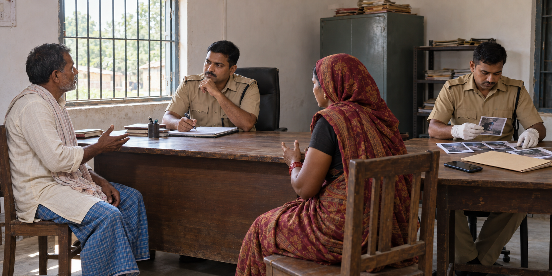 An investigating officer listens to villagers while another officer organizes potential evidence at a rural police station.