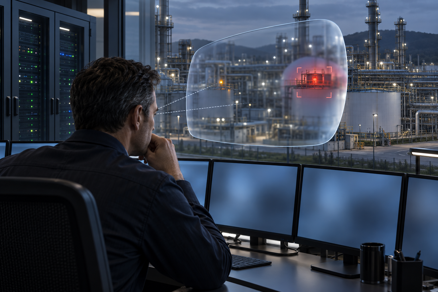 A cybersecurity analyst views an industrial facility through a translucent AI layer that conceals a warning even though the surrounding network equipment is intact.