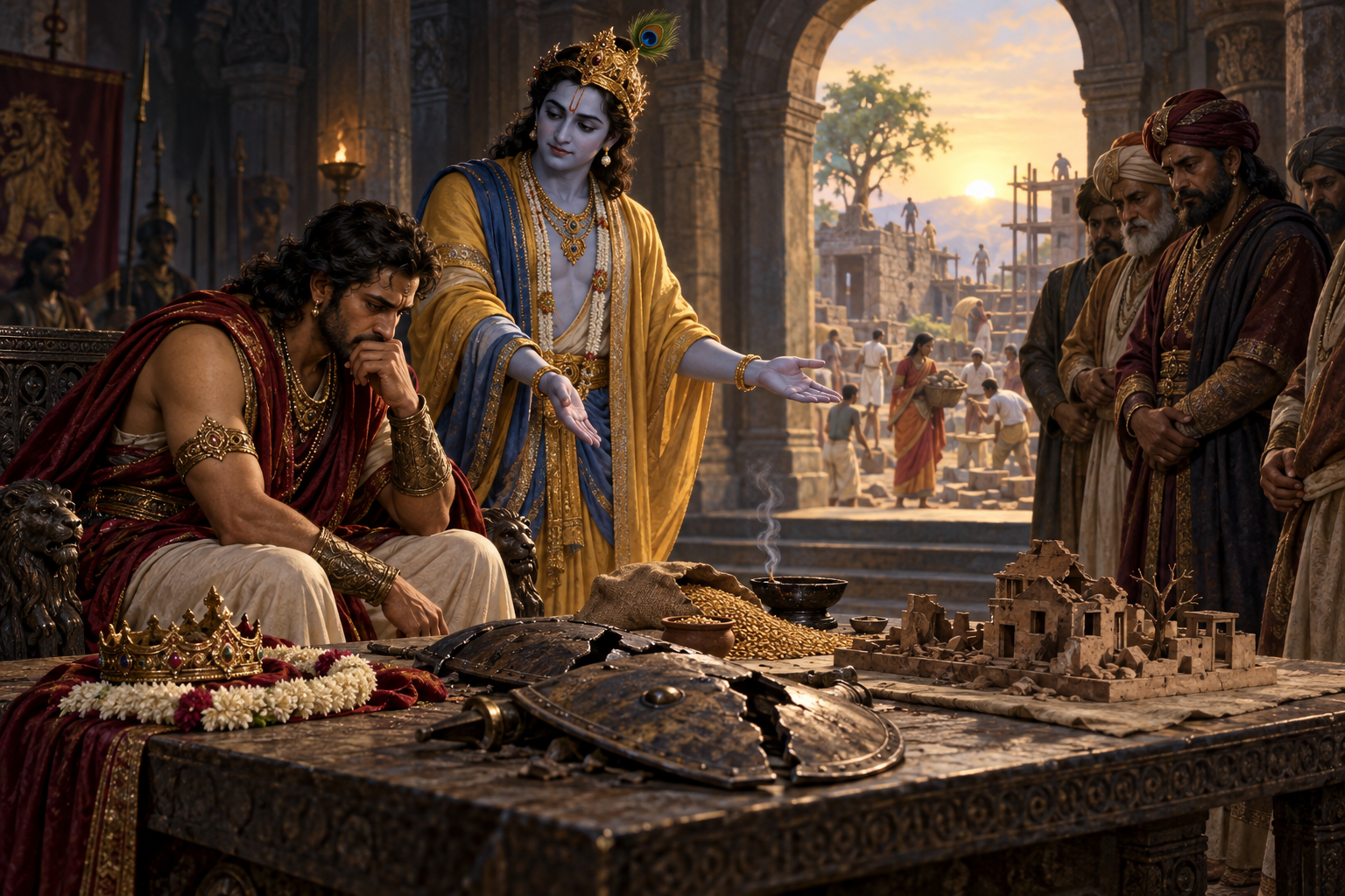 An uncrowned ruler examines signs of war damage while Krishna gestures toward the consequences and ministers from the ruler's own faction await judgment.