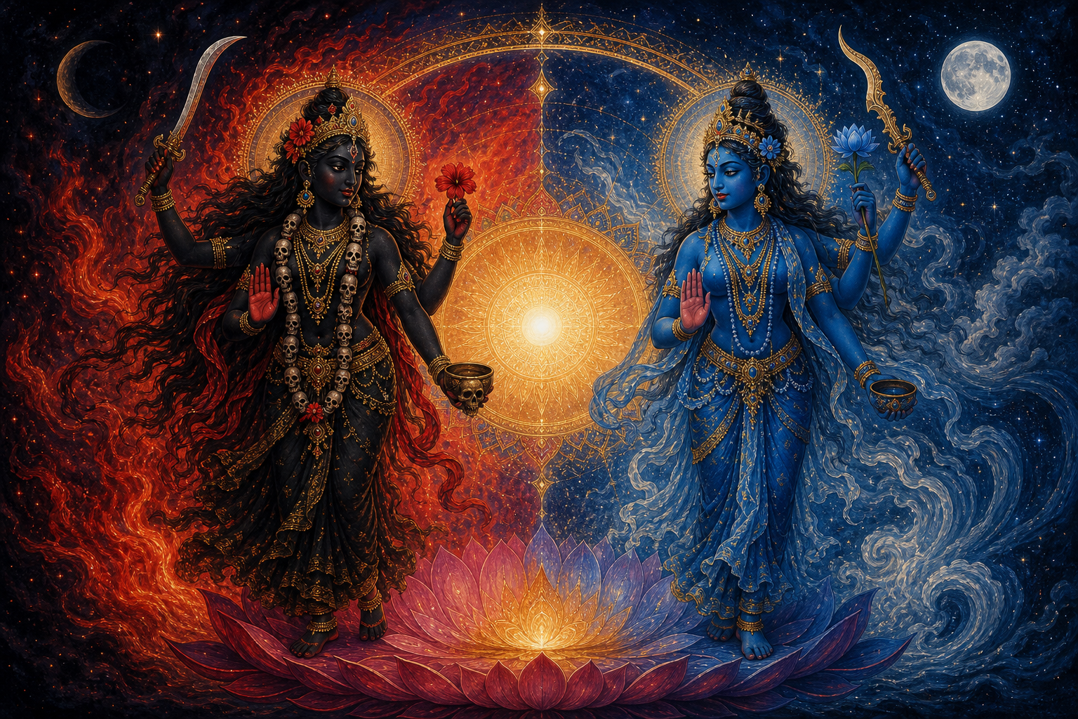 A symmetrical devotional illustration shows equally sized figures of Kali and Tara flanking one radiant golden center above a shared lotus.
