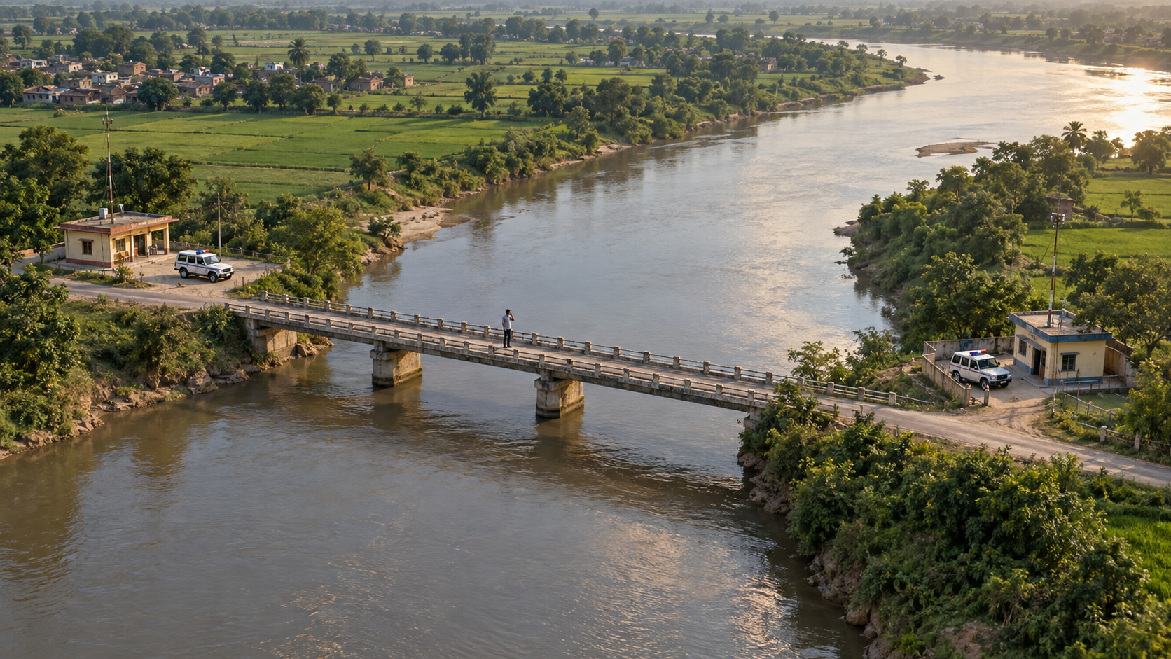 A river and bridge divide neighboring rural jurisdictions, with separate police outposts visible on each side.