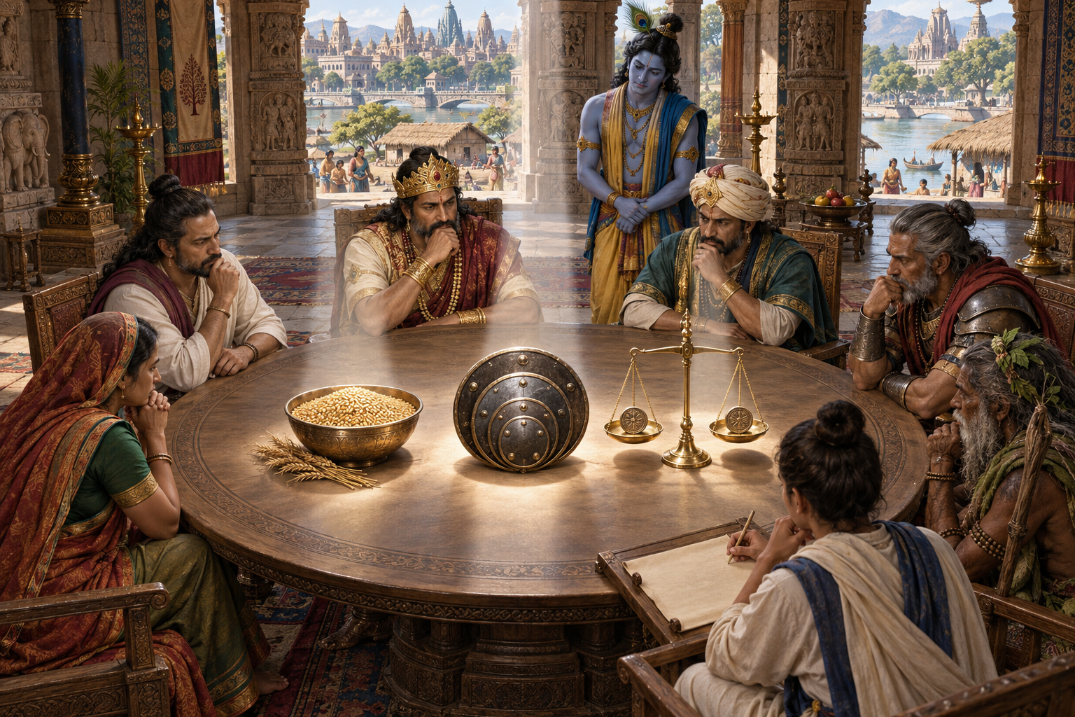 A diverse council examines a bowl of grain, nested shields and a balanced scale while Krishna observes beside a circular table.