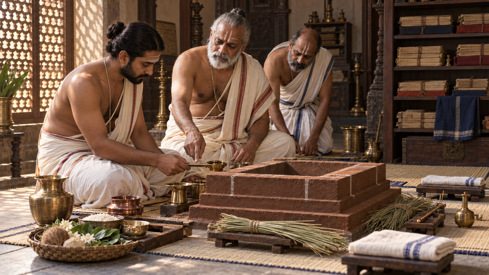 An experienced teacher guides an adult student in arranging ritual implements while another senior practitioner observes.