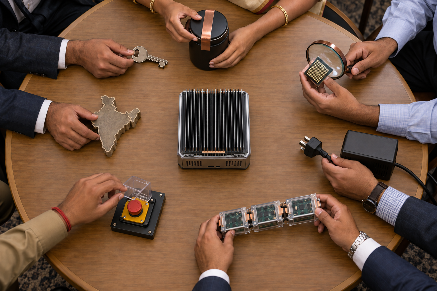 A governance team inspects an AI processor surrounded by seven objects representing control, data protection, model scrutiny, jurisdiction, continuity, manual override and replaceable components.