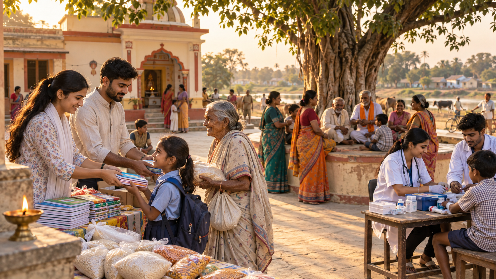 Volunteers provide school supplies, food staples, and first-aid support to families in a rural temple courtyard.