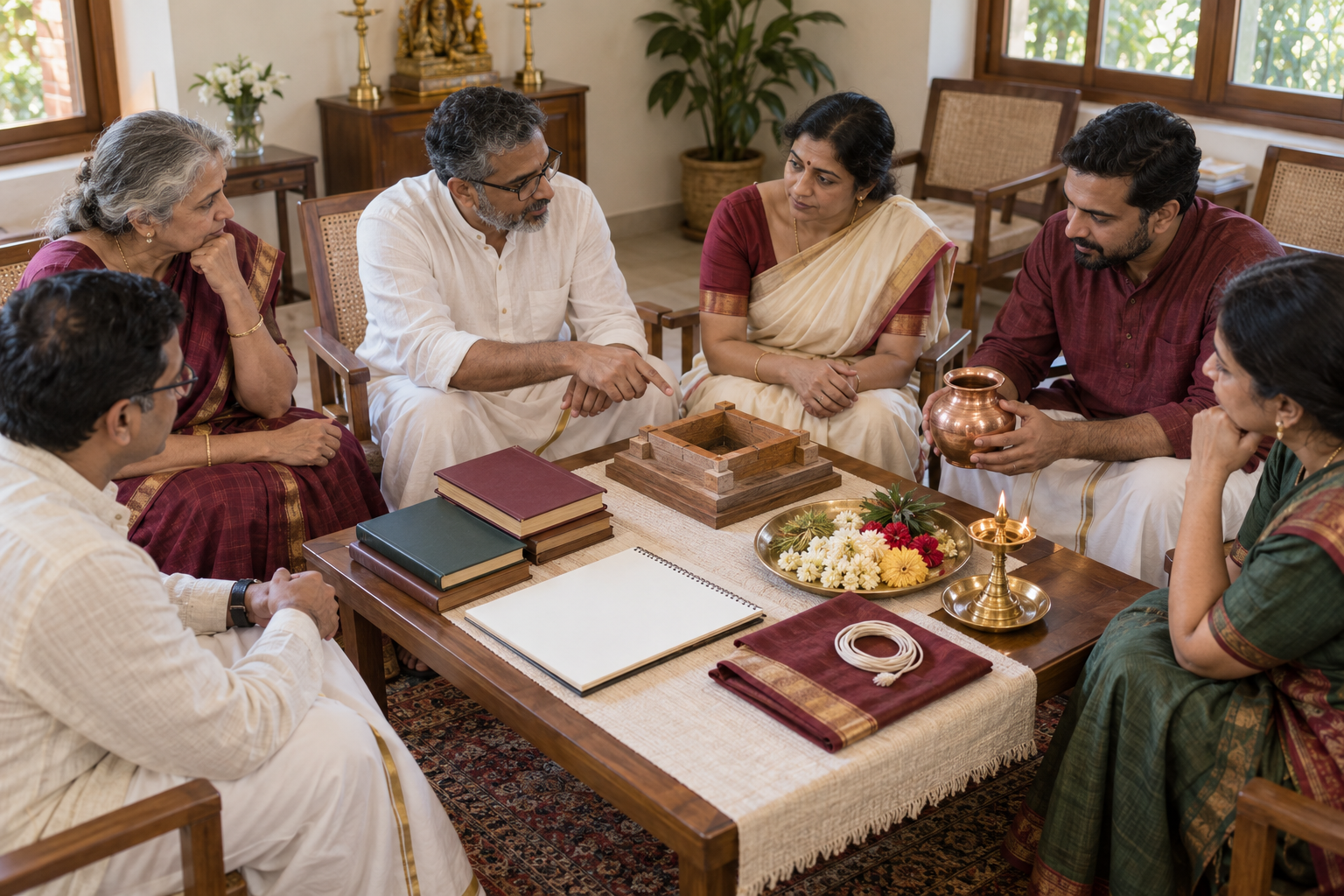 Temple committee members examine ritual objects, closed books, and a small fire-altar model during a seated consultation.
