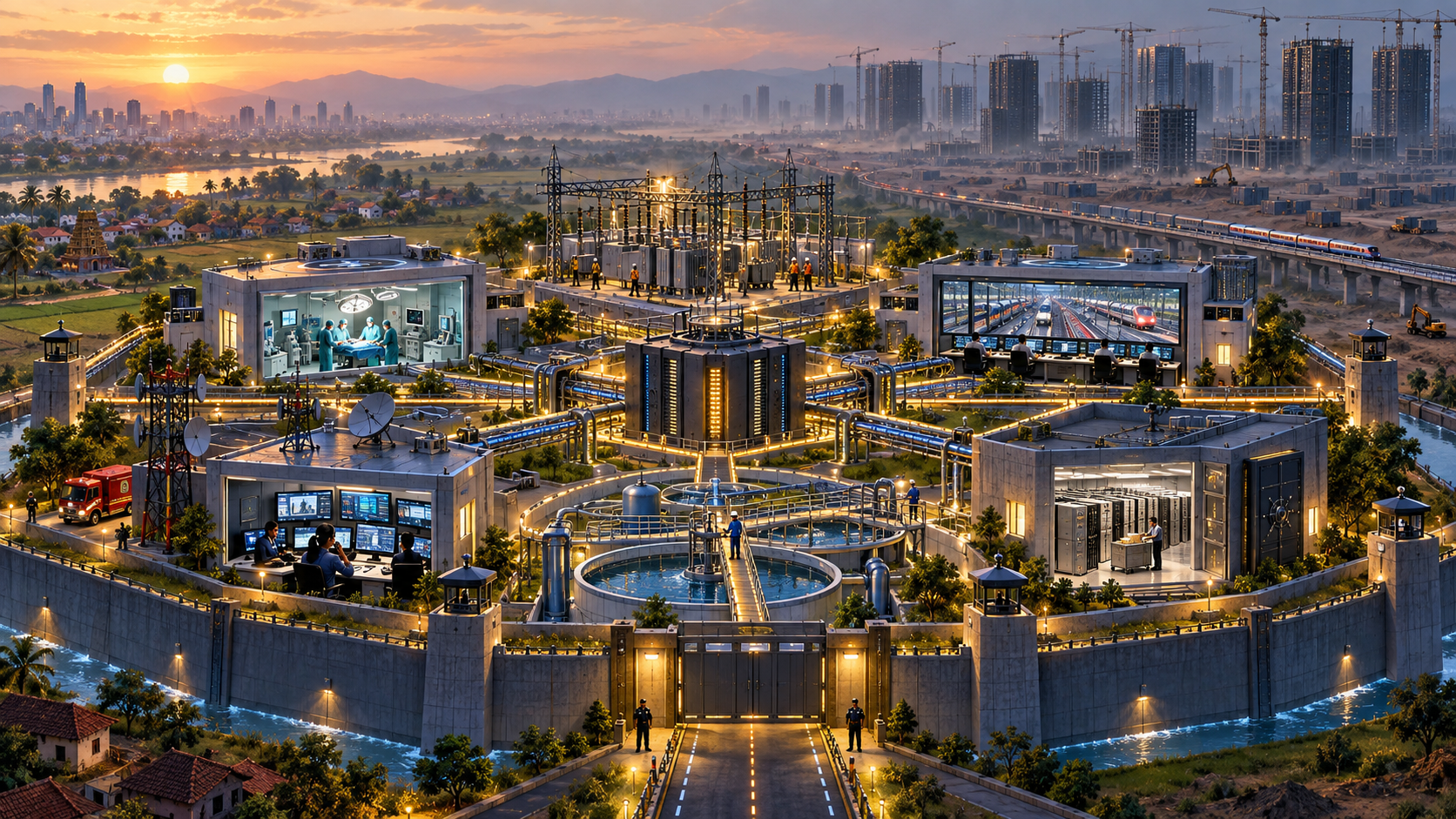 A protected technology hub supplies a hospital, power substation, railway junction, communications station, water plant and records vault while unfinished server towers stand farther away.