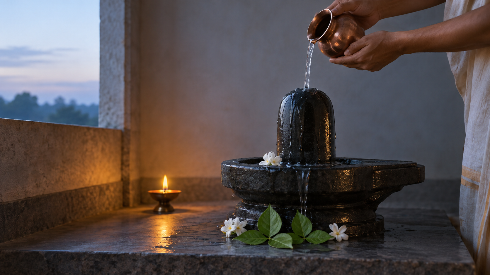 Clear water is poured from a copper vessel over a dark stone Shiva lingam decorated with bilva leaves and white flowers on a simple altar.