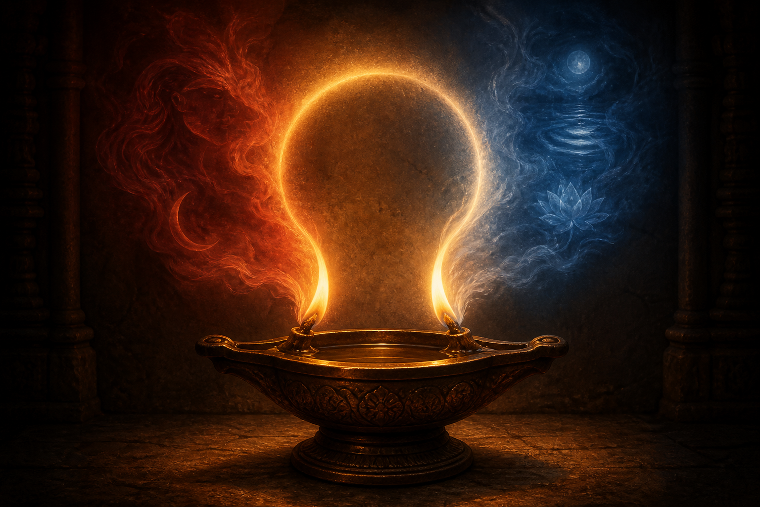 A single bronze oil lamp feeds two equal flames, one crimson and one blue, which join within a circular halo on a stone wall.