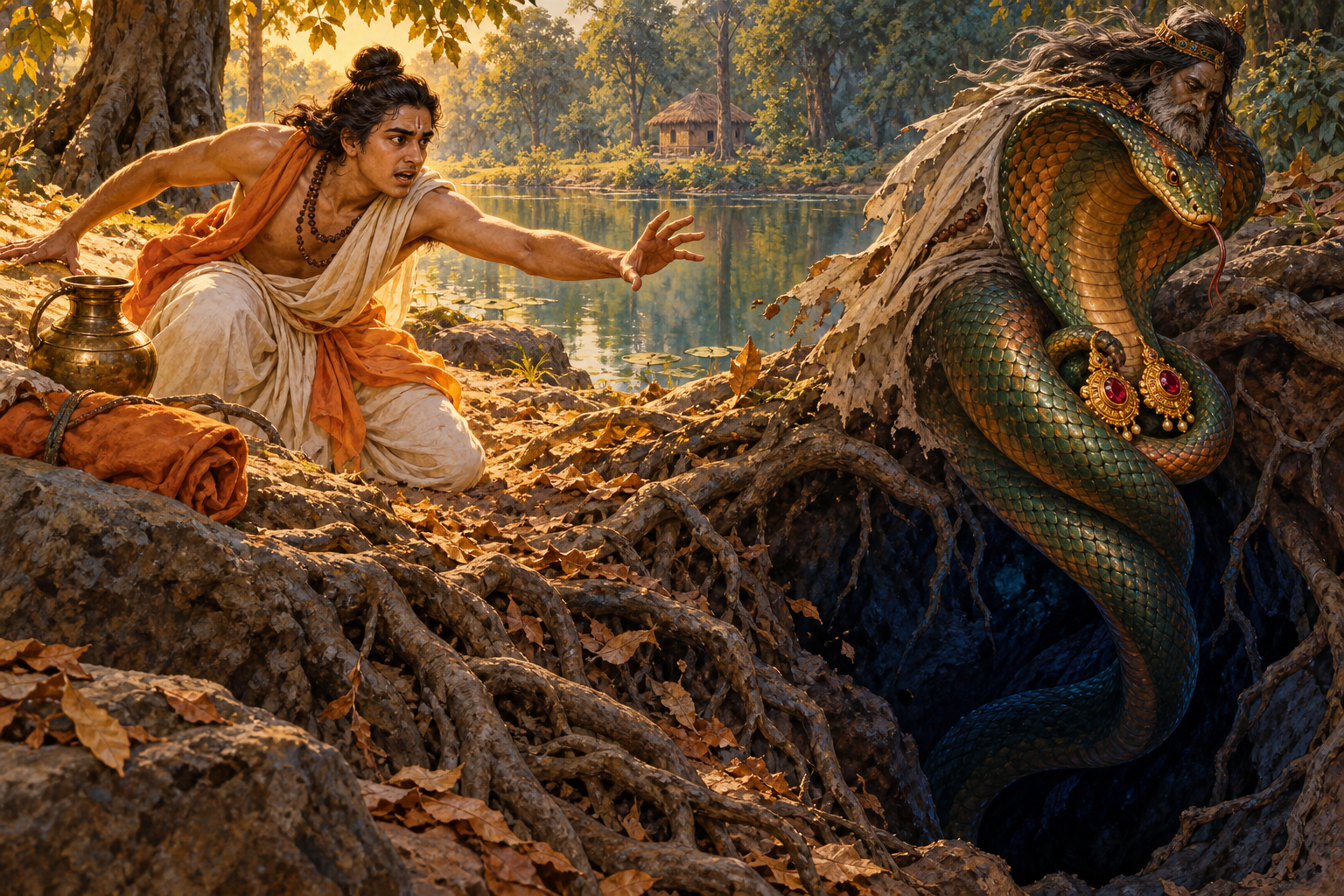 Utanka reaches toward the serpent king Takshaka as he escapes underground with a pair of gold earrings beside a forest pool.