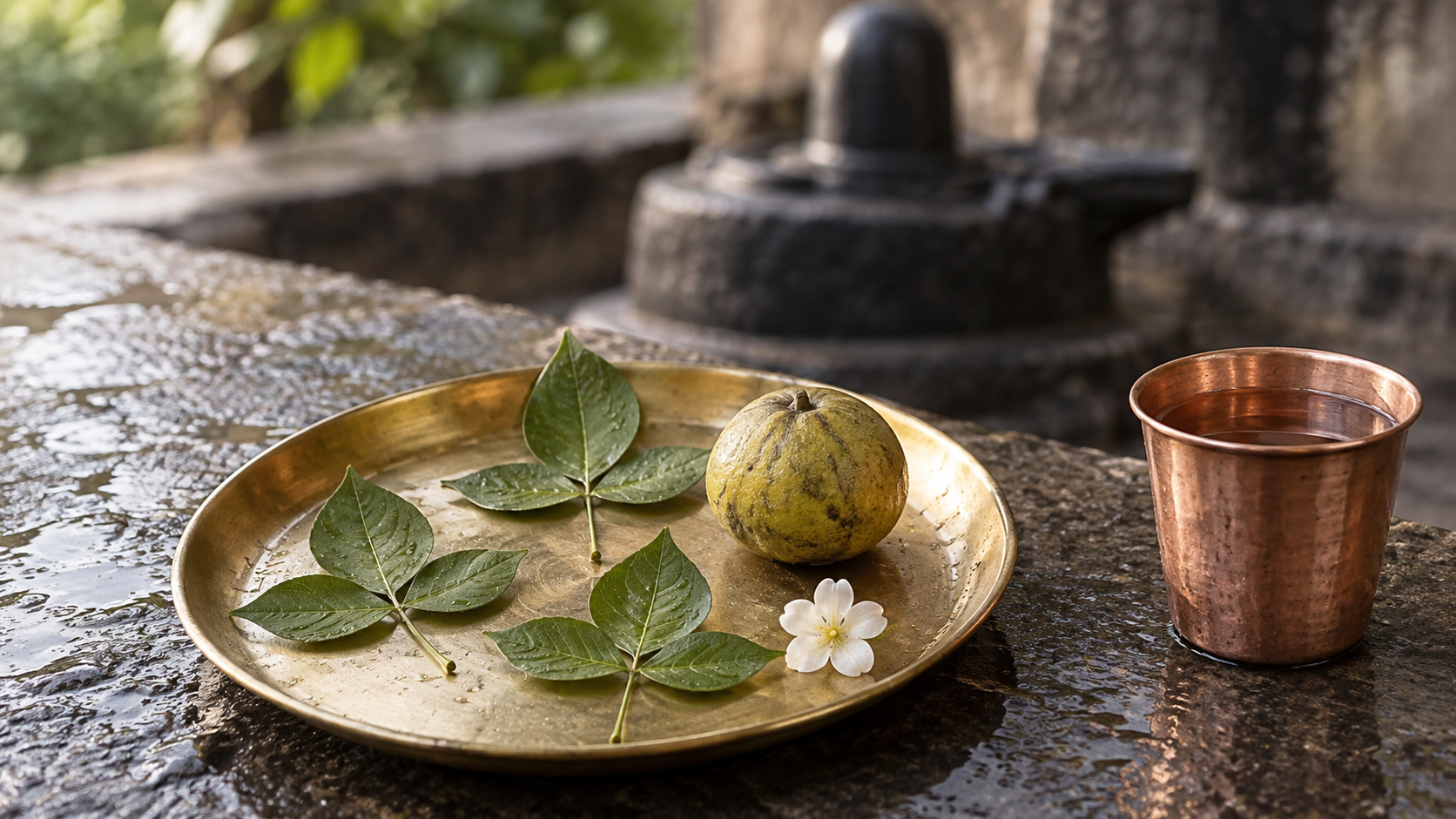 Fresh bilva leaves, a whole fruit, a white flower, and a copper cup of water are arranged on a clean brass plate near a simple shrine.