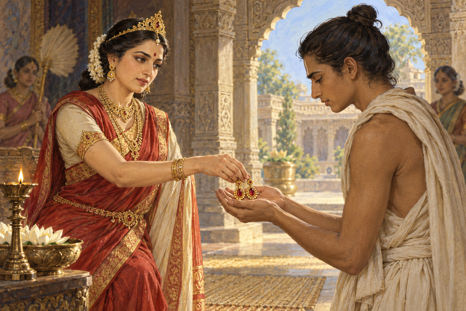 Queen Poushya places a pair of gold earrings into Utanka's cupped hands inside a palace chamber.