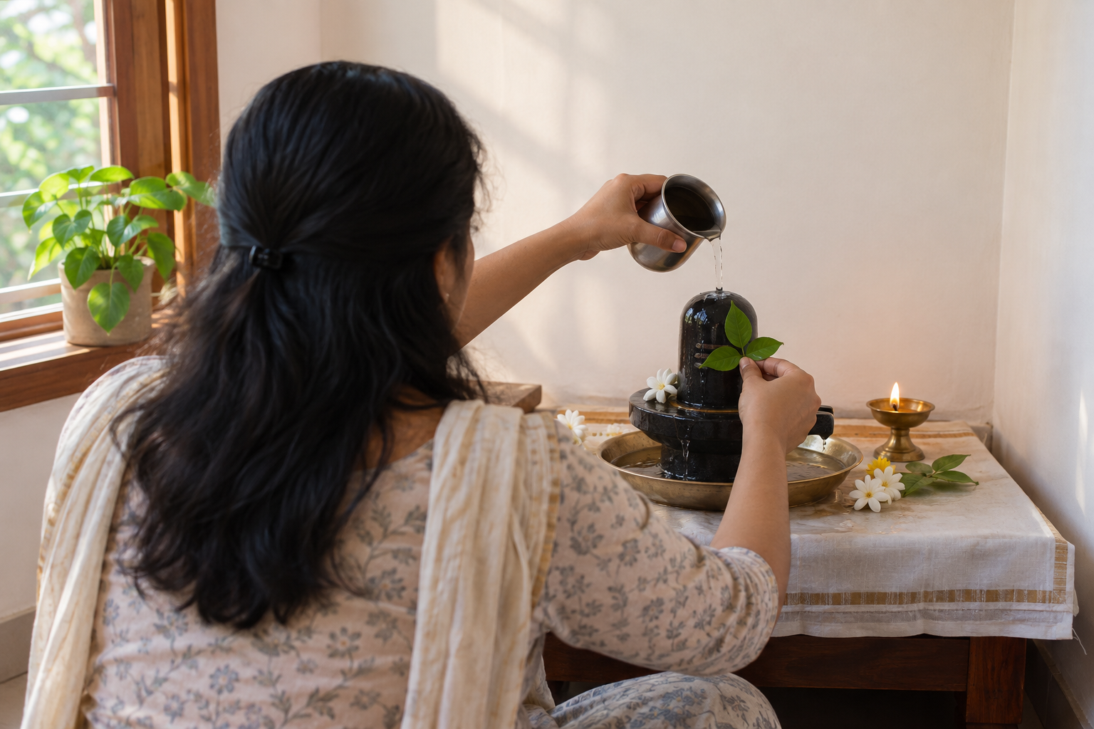 A devotee offers bilva leaves and water to a small Shiva lingam in a clean and simply arranged home prayer space.