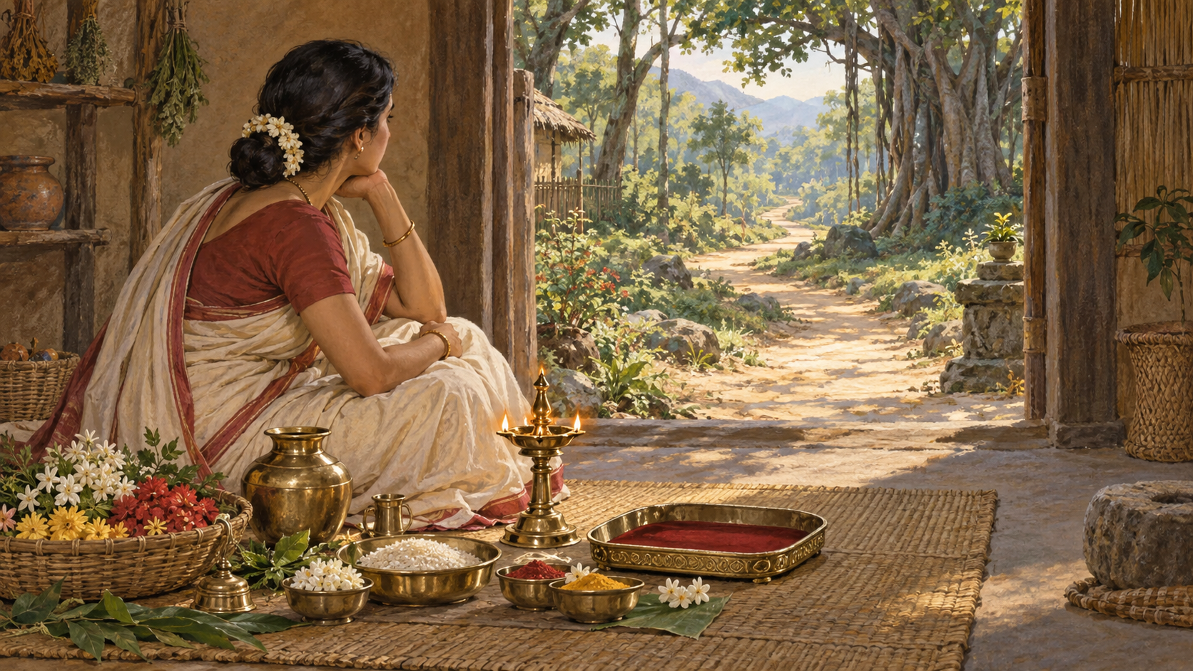 A woman prepares flowers, a lamp, and ritual vessels beside an empty jewelry tray while watching a path from a forest hermitage.