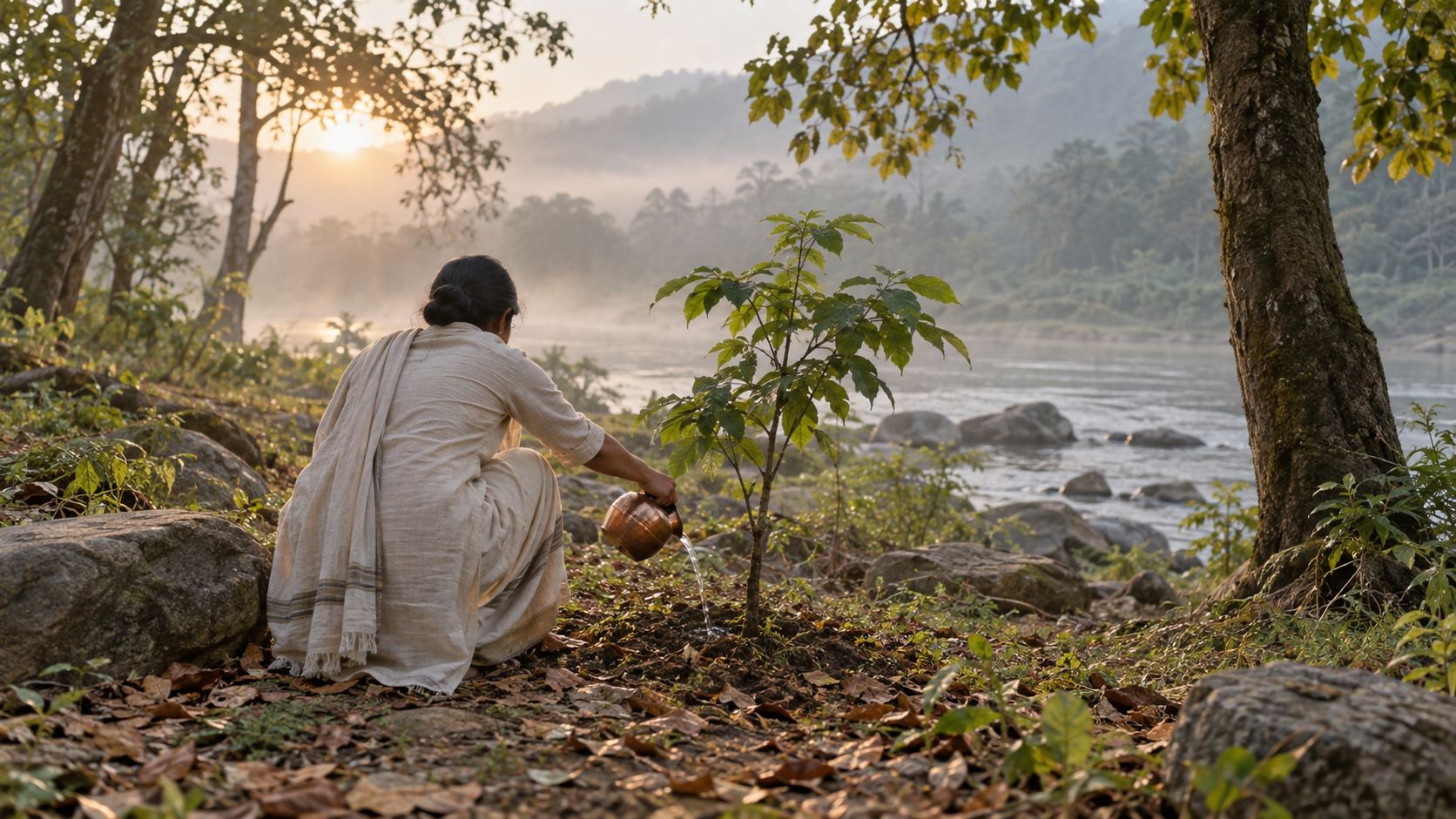 A devotee pours water from a reusable copper vessel at the roots of a young tree in a quiet riverside grove.