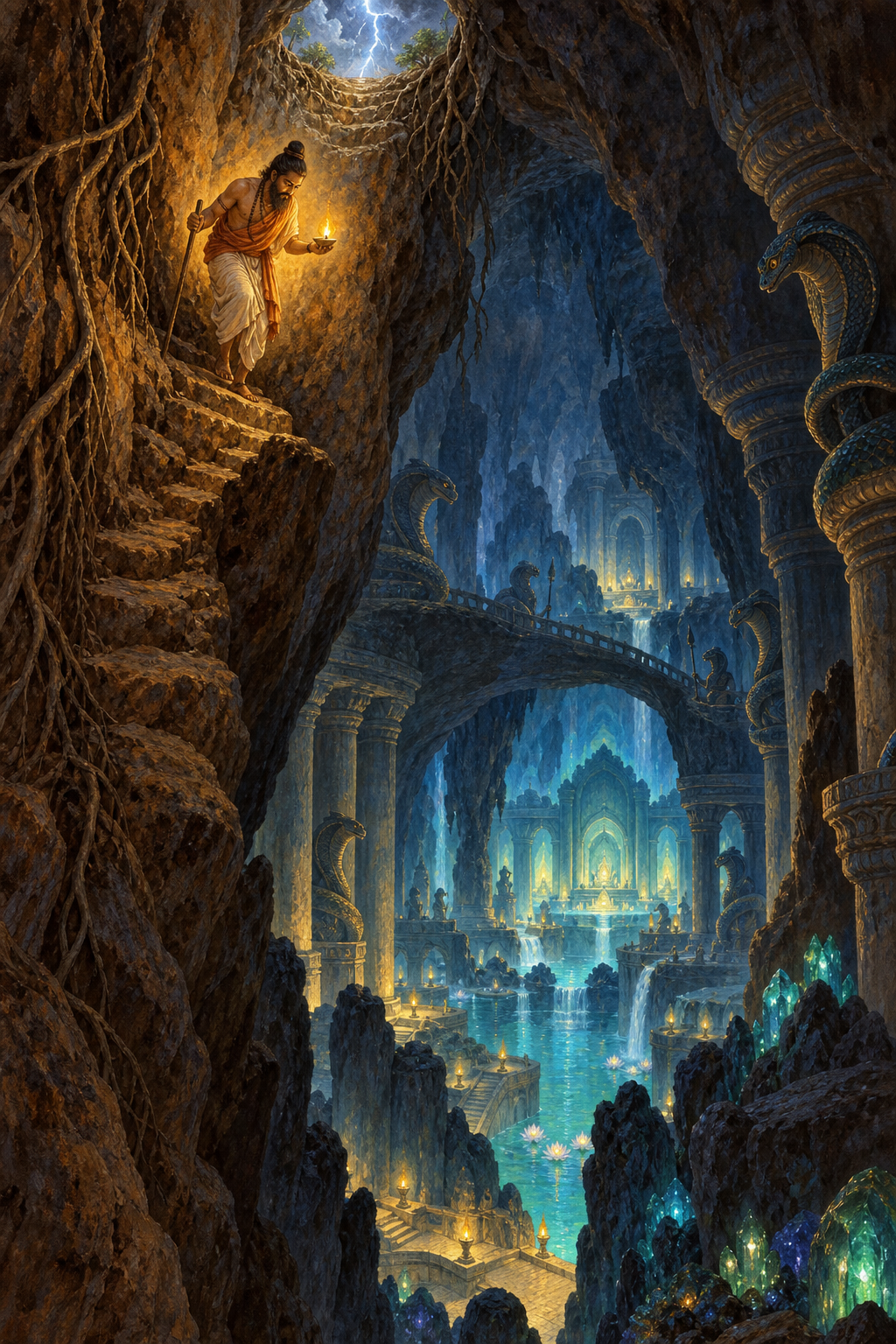 Utanka descends with a staff and lamp through an earthen passage toward a luminous subterranean realm inhabited by nagas.