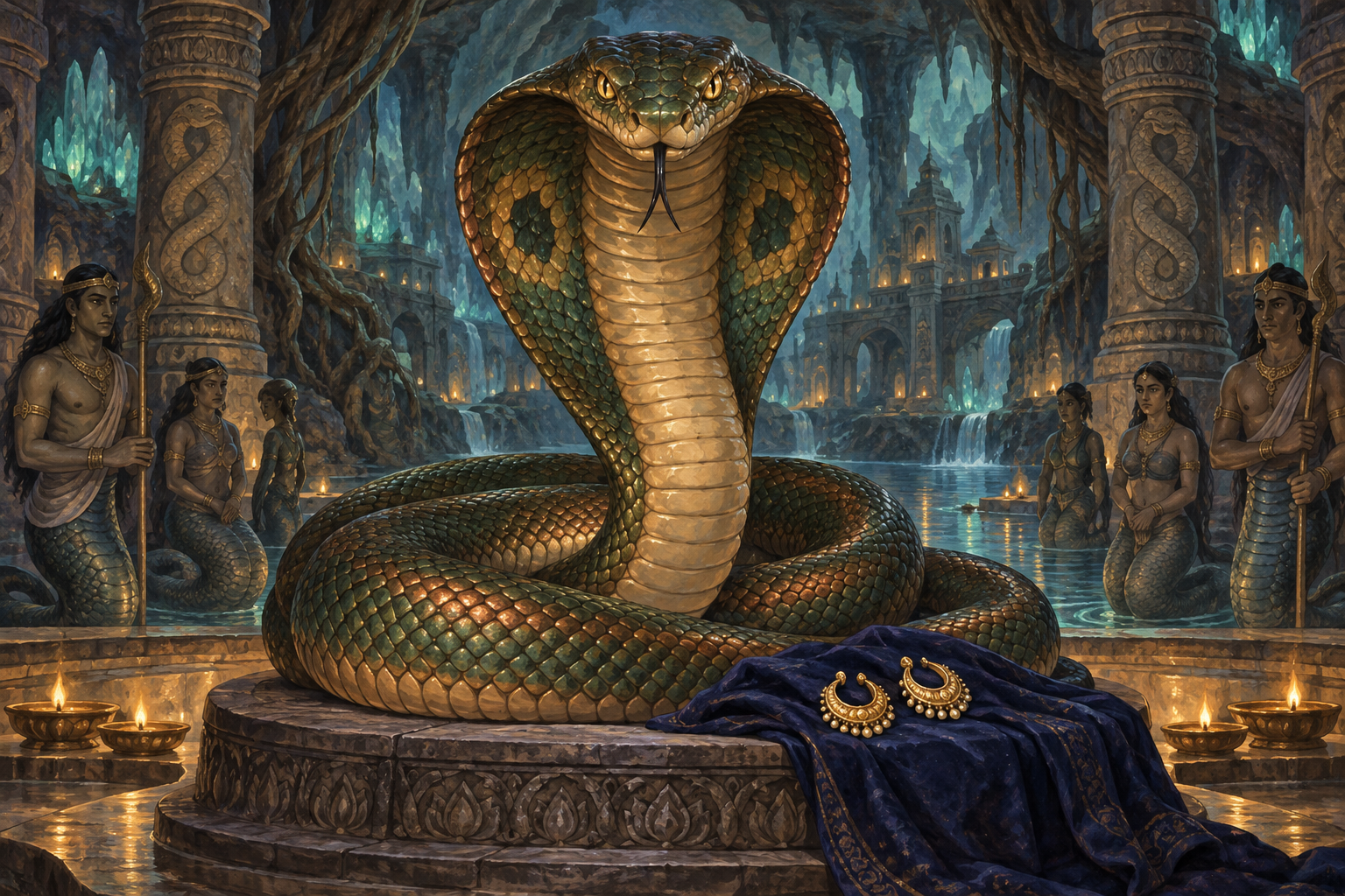 The copper-green cobra king Takshaka sits on a stone dais in a subterranean naga court with the gold earrings beside him.