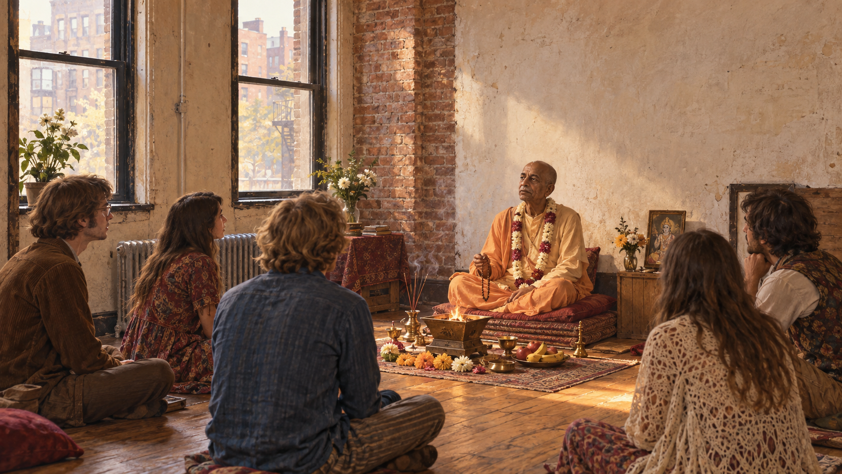 Illustrated 1966 initiation ceremony with an elderly Indian Vaishnava teacher seated before young seekers in a modest Lower East Side storefront room.