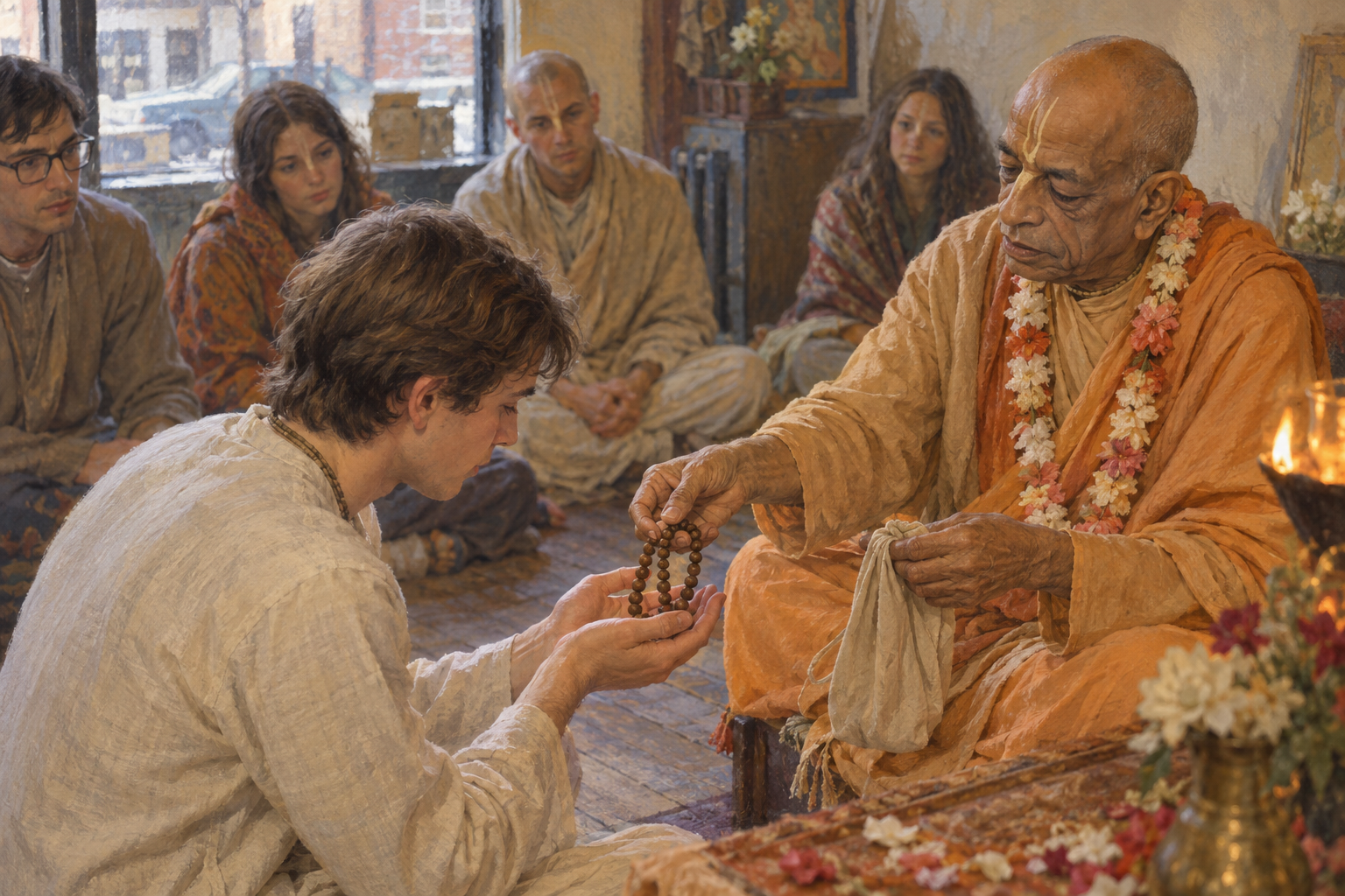 A Vaishnava teacher places wooden chanting beads into the hands of a young initiate as other seekers sit nearby.