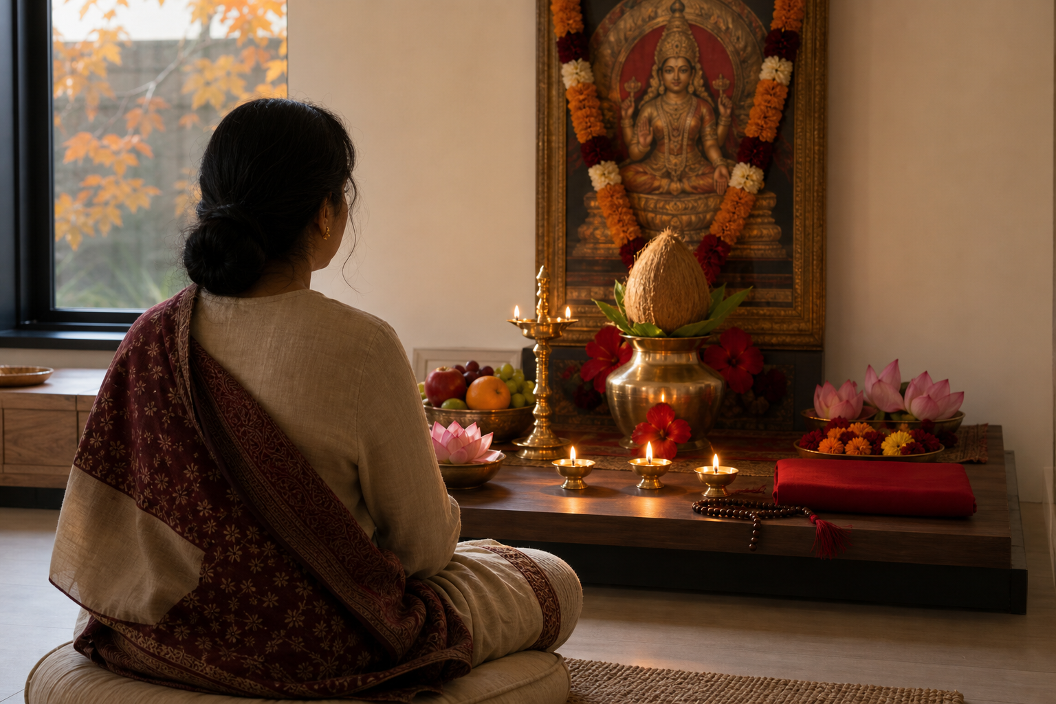 A devotee sits before a modest home altar with three oil lamps, flowers, fruit, a water vessel, prayer beads, and a cloth-wrapped scripture in warm autumn light.