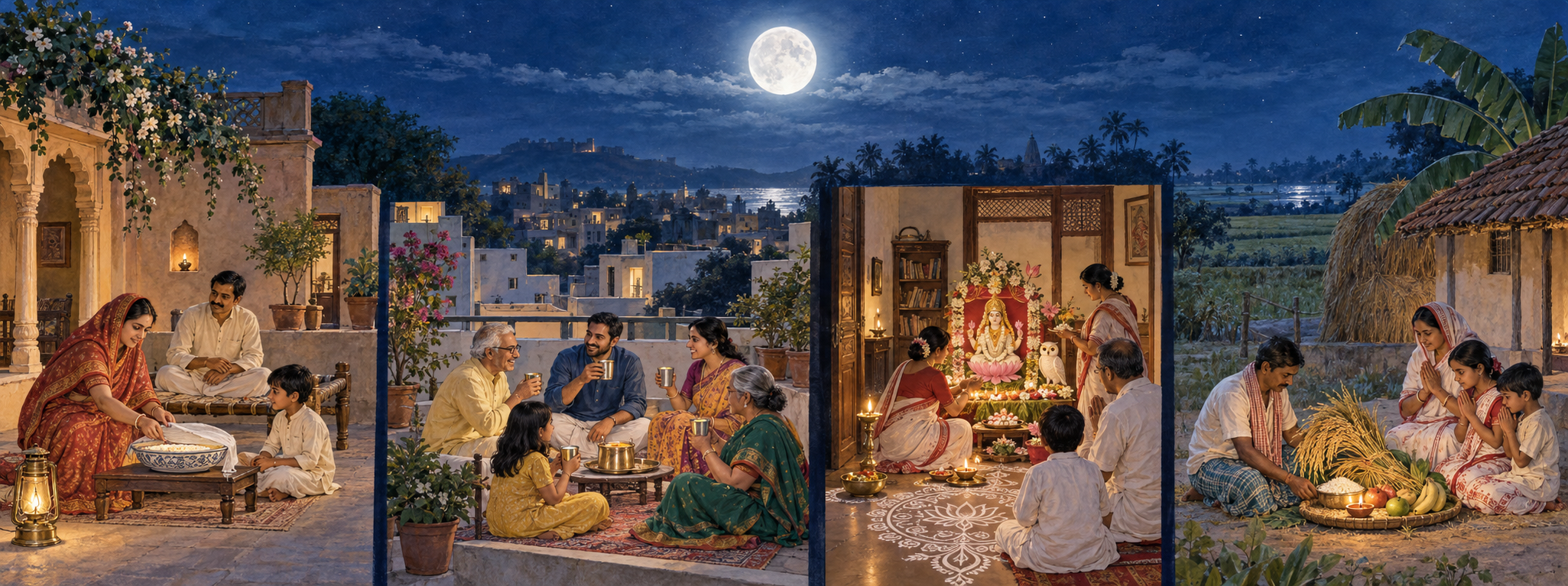 A full moon shines over four separate Indian household scenes featuring moonlit kheer, warm spiced milk, a Lakshmi altar, and an offering of newly harvested rice.