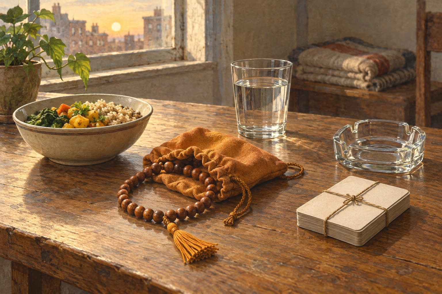 Wooden chanting beads, vegetarian food, water, a clean unused ashtray, and tied unmarked playing cards arranged on a plain table.