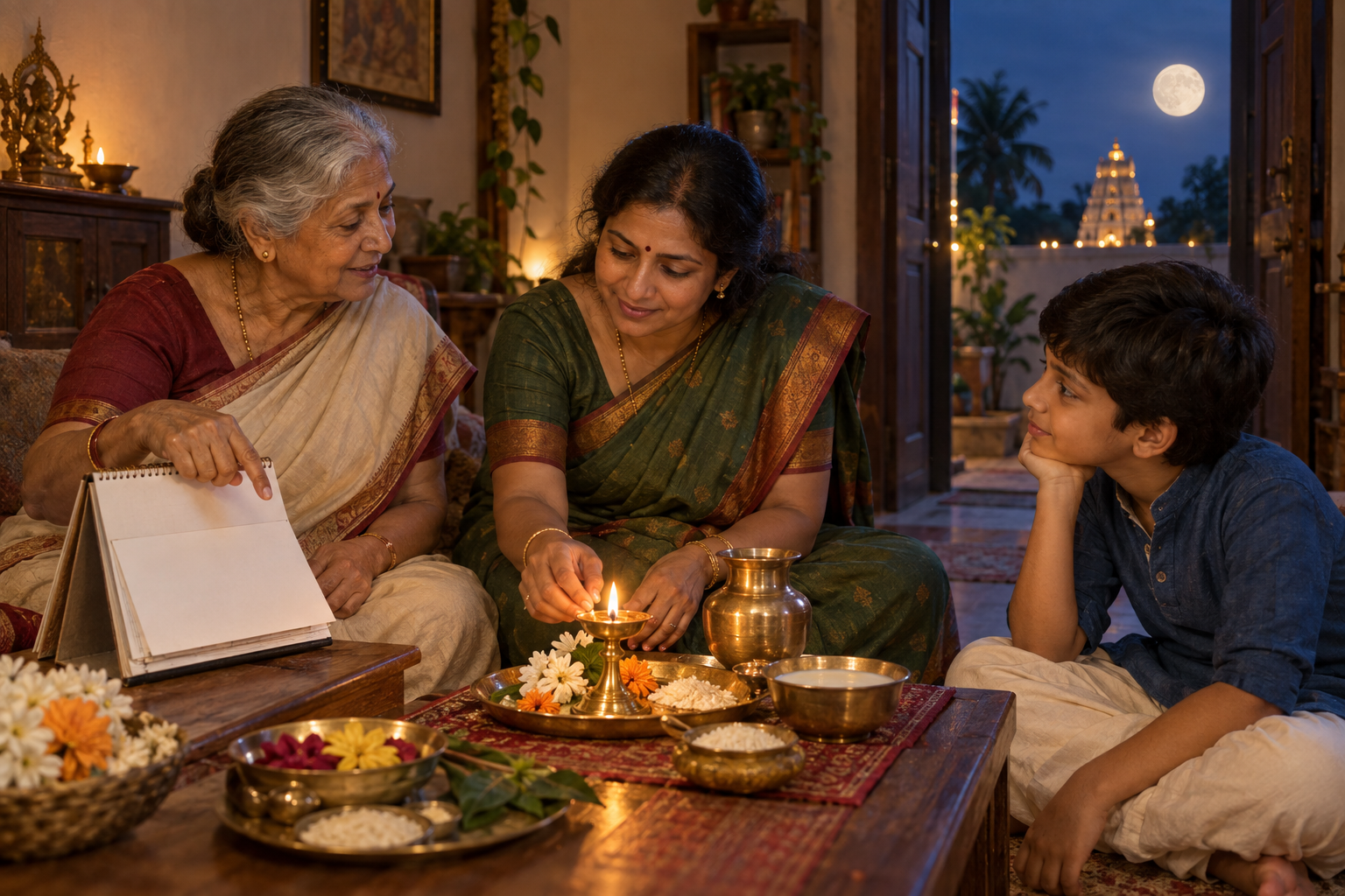 Three generations of an Indian family discuss ritual preparations beside flowers, a lamp, rice grains, milk, and a folded calendar as the full moon rises outside.