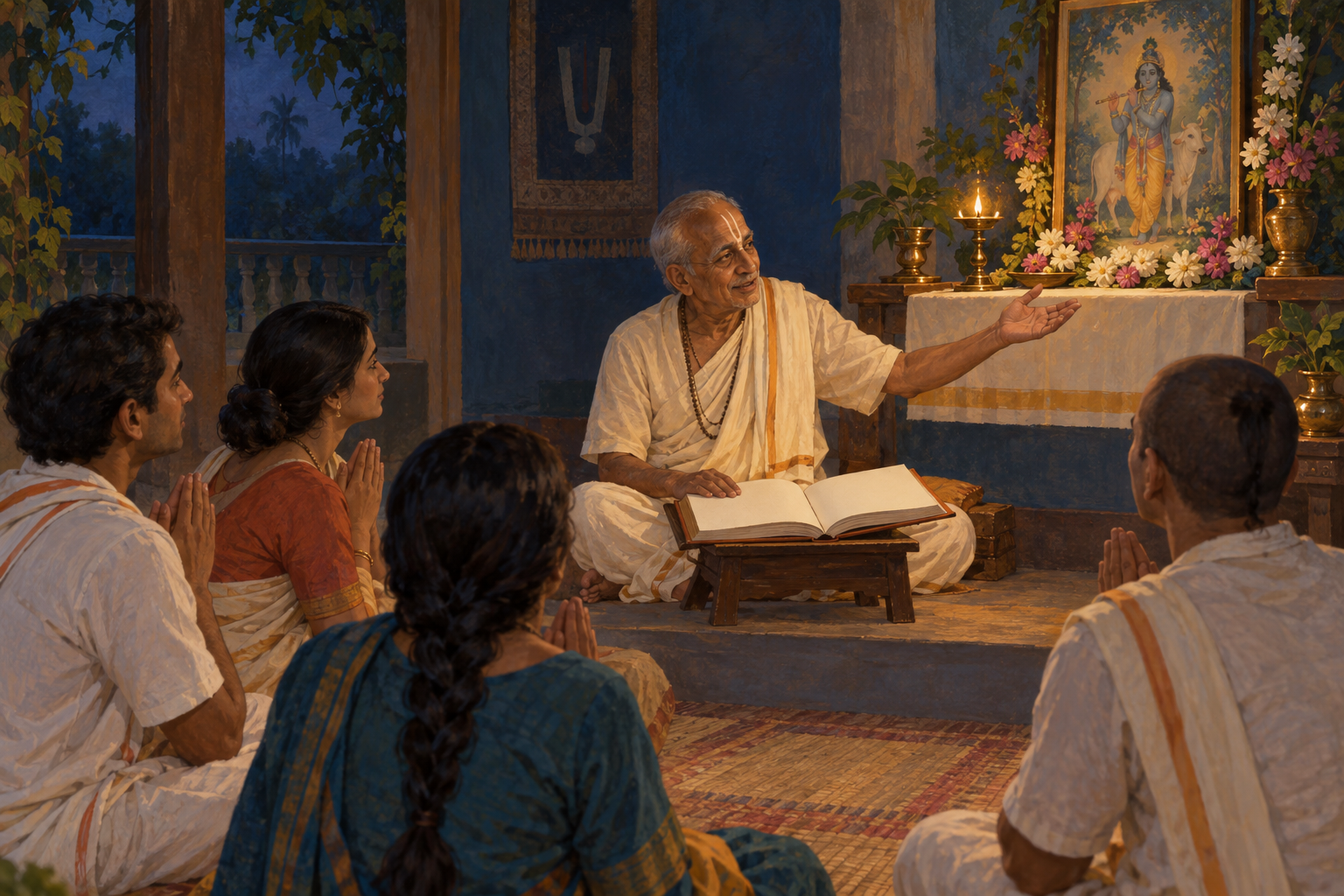 Disciples listen as a seated Vaishnava teacher gestures from an open scripture toward a flowered devotional altar.