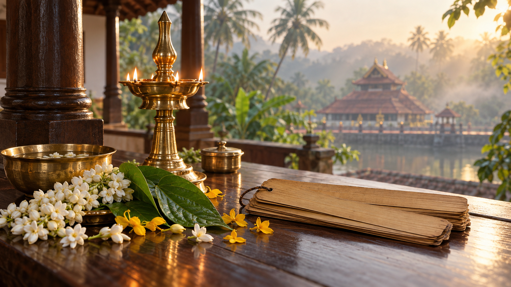 A lit brass oil lamp, jasmine flowers, green leaves, and blank palm-leaf slips arranged with a Kerala temple and coconut palms in the background.