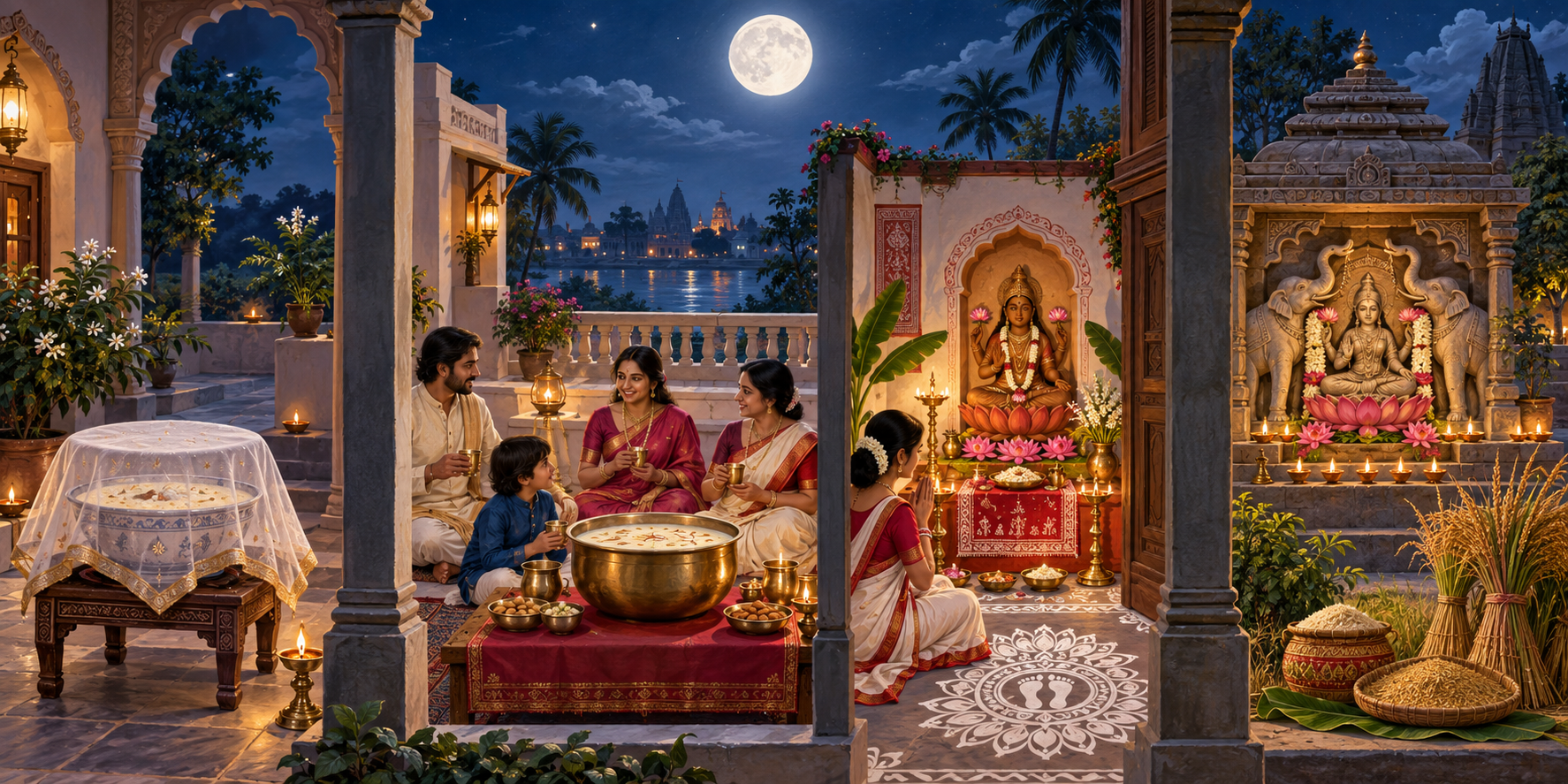 Four separate moonlit scenes show covered kheer, a terrace milk gathering, a Bengali Lakshmi puja, and an Odisha-inspired Gajalakshmi shrine with nearby paddy.