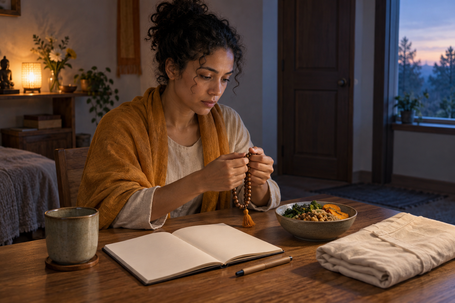 A seeker reflects with chanting beads at a dawn-lit desk beside a blank notebook, vegetarian meal, and folded garment.