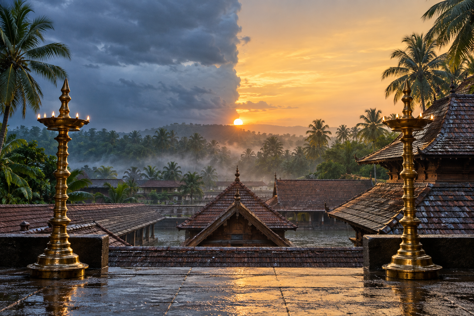 The sun rises above a traditional Kerala temple between two symmetrical brass oil lamps, with mist and coconut palms around the tiled roofs.