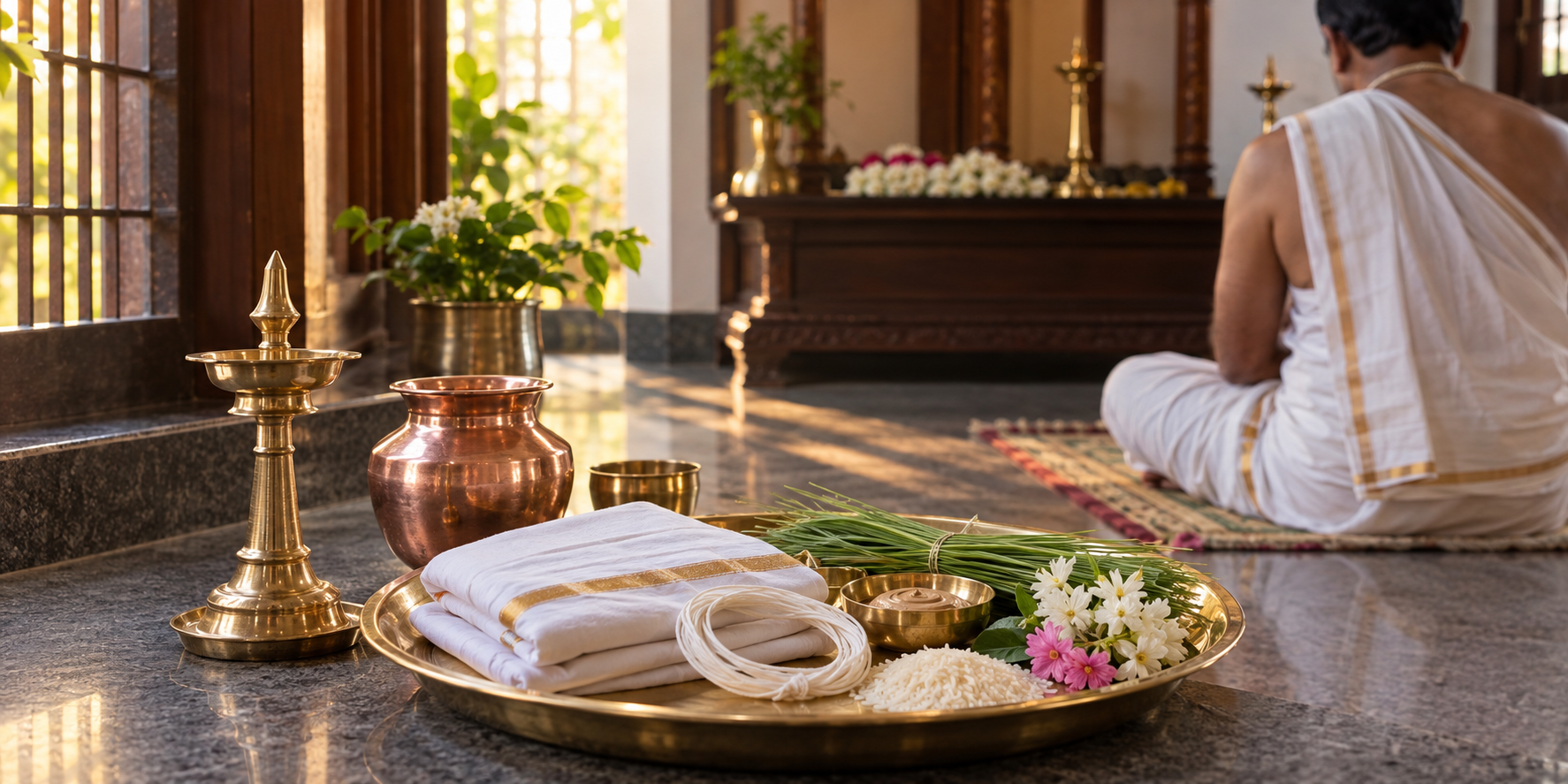 A practitioner sits before a home shrine prepared with a brass lamp, copper vessel, darbha grass, flowers, rice, folded white garments, and a new sacred thread.