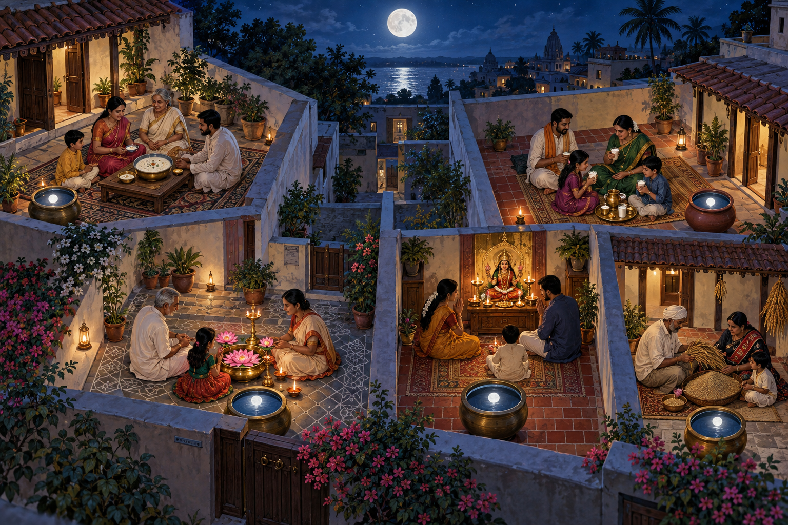 Separate neighboring courtyards contain different full-moon observances, while the same moon is reflected in each household's water vessel.