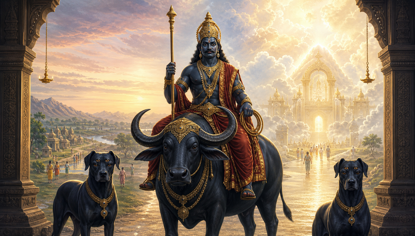 Yama sits calmly on a black water buffalo with a staff and noose as two guardian dogs watch beside a path leading toward a luminous celestial court.