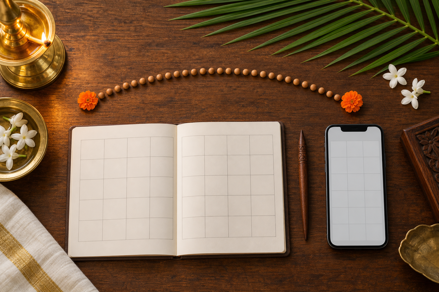A smartphone, blank paper planner, thirty sandalwood beads, and two saffron flower markers are arranged on a desk beside a brass lamp.