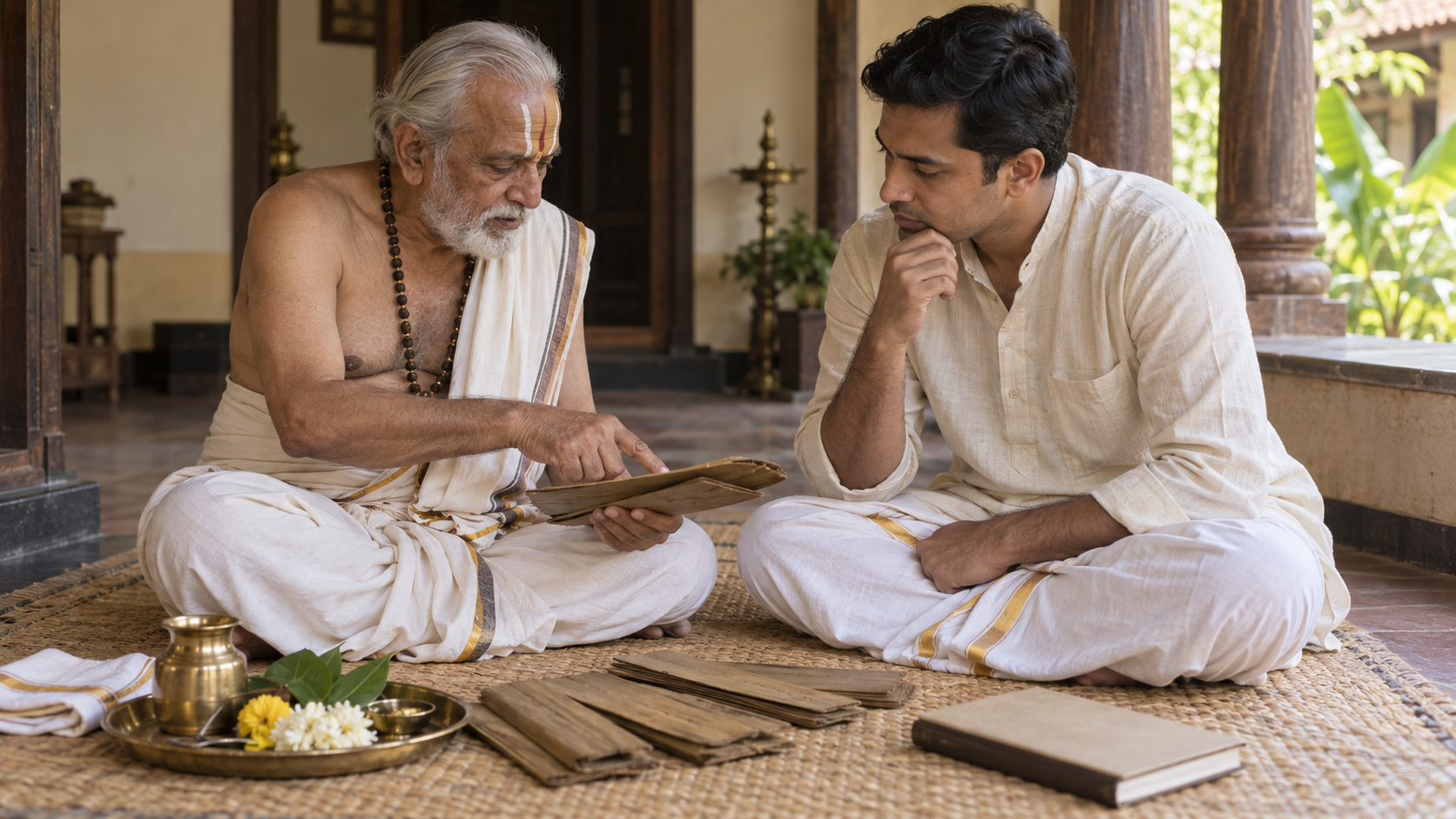 A ritual teacher and an adult householder consult folios and a notebook beside a tray of ceremony materials.