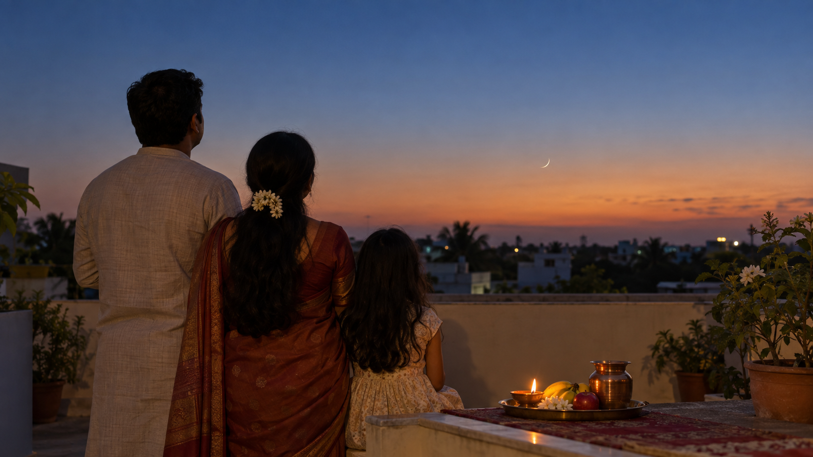 A family watches a thin crescent moon from a home terrace beside a small puja tray with a lamp, flowers, fruit, and a copper vessel.
