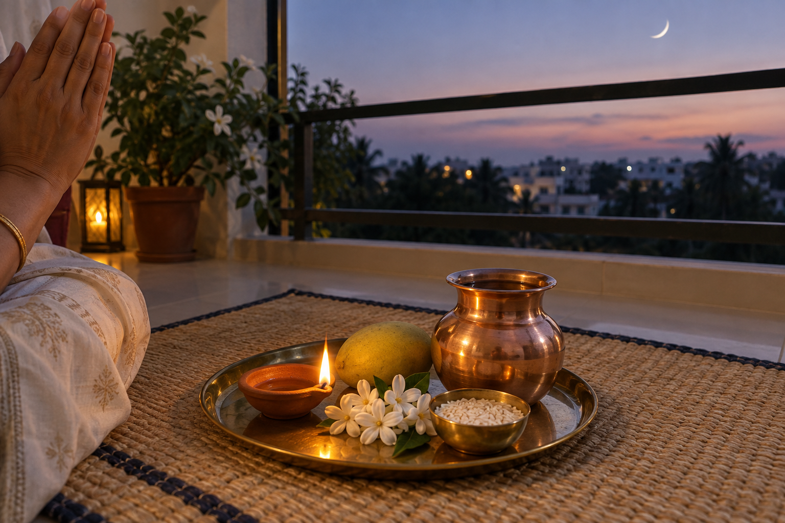 A simple home observance includes a lit clay lamp, flowers, fruit, rice, and a copper water vessel beside an open balcony at twilight.