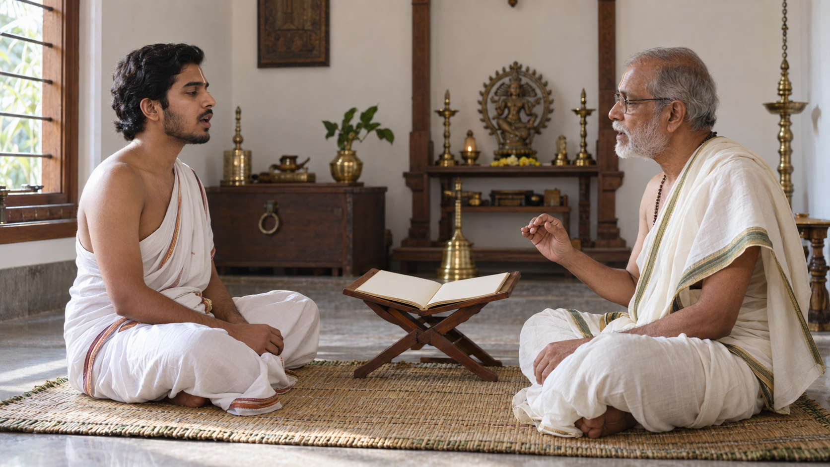 An adult practitioner recites while seated on a darbha mat as an elder listens and guides the cadence.