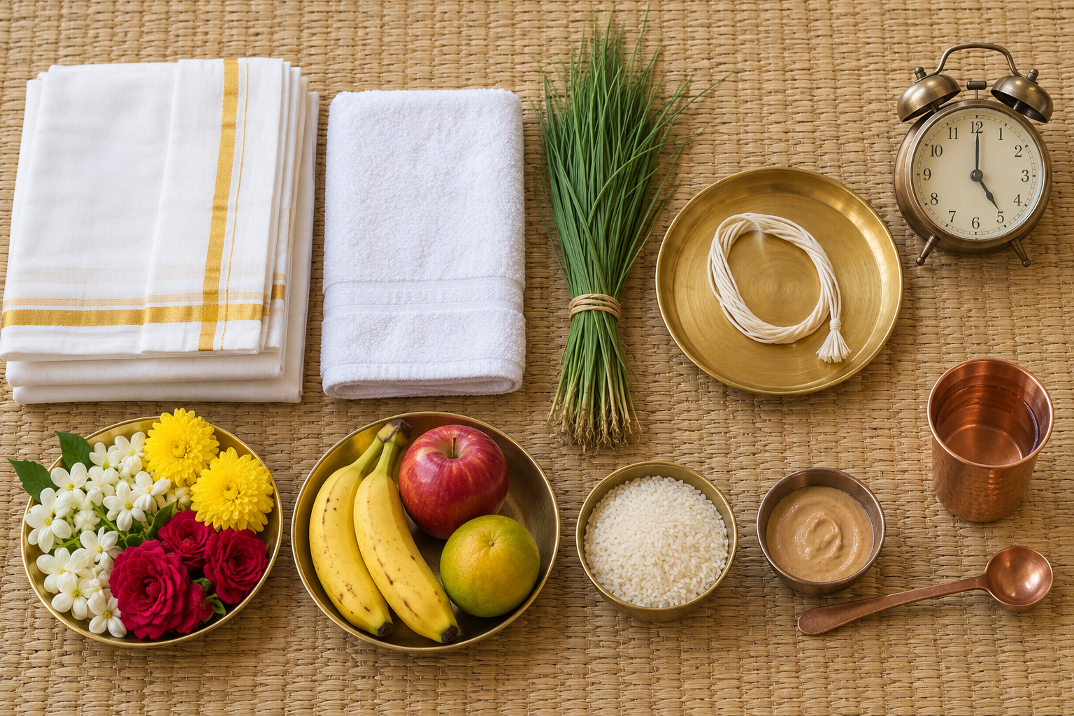 An overhead arrangement of folded white garments, darbha grass, flowers, fruit, rice, copper utensils, sandalwood paste, a sacred thread, and an alarm clock.