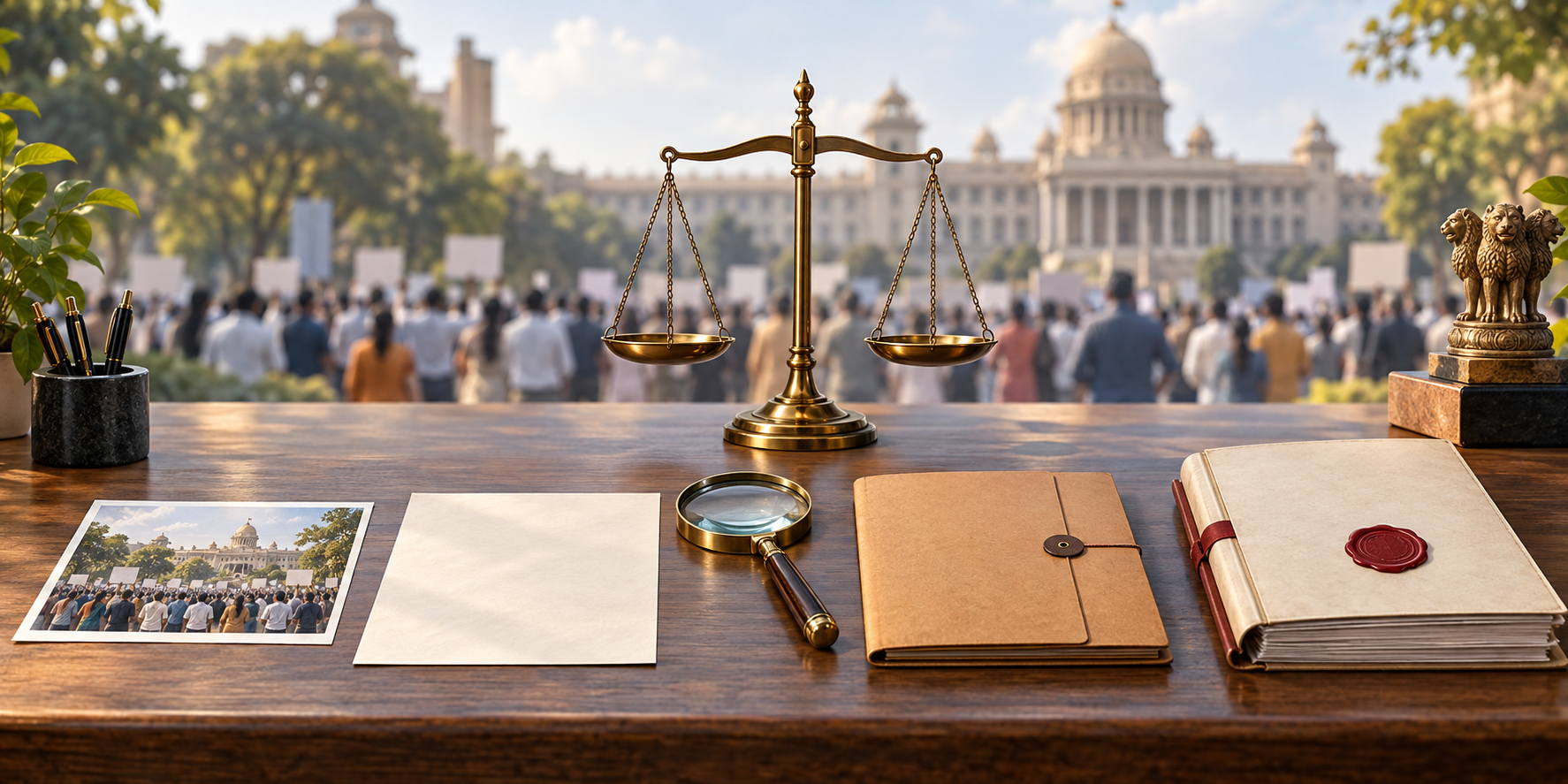 An evidence-review desk displays separate materials representing a public event, an allegation, a complaint, and an official finding, with a magnifying glass, balanced scales, and a blurred peaceful gathering in the background.