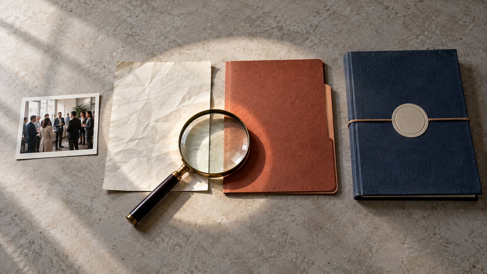 Four separate objects on a desk represent an event photograph, an allegation sheet, a complaint folder, and a sealed official file under a magnifying glass.